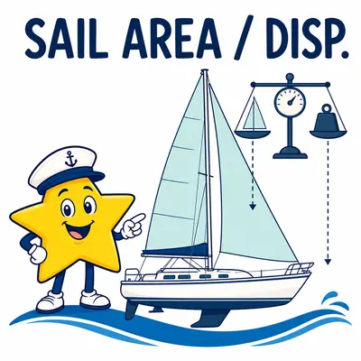 Yellow star sailor beside a sailboat and a sail-area-to-displacement balance