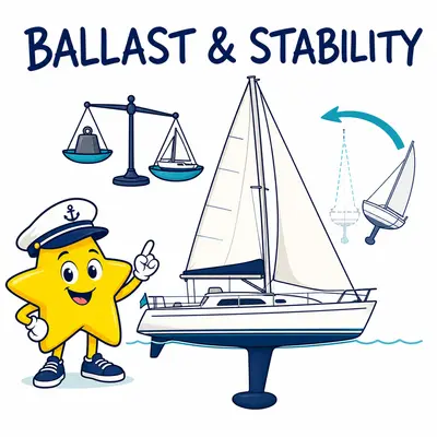 Yellow star sailor beside a ballasted sailboat, balance scale, and righting arrow