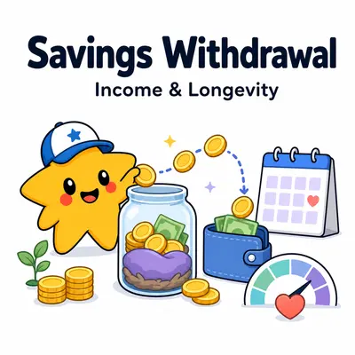 Savings withdrawal calculator with a star mascot, savings jar, monthly income, calendar, and longevity gauge