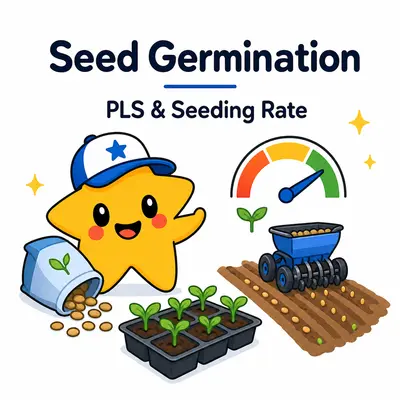 Seed germination calculator with a star mascot, seeds, sprouting tray, purity gauge, and seeding-rate field rows