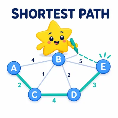 Yellow star mascot highlighting a shortest route through a weighted graph