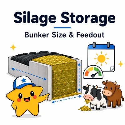 Silage storage calculator with a star mascot, packed bunker silo, dimension arrows, cattle, and feedout gauge