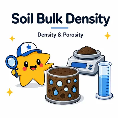 Soil bulk density calculator with a star mascot, soil core, pore spaces, scale, and density gauge
