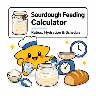 Sourdough Starter Feeding Calculator — Calculate ratios, hydration, and feeding times.