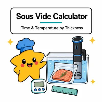 Sous Vide Time and Temperature Calculator — Calculate conservative pasteurization time by thickness and bath temperature.