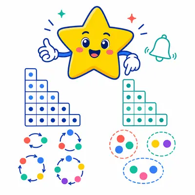 Yellow star mascot presenting Stirling number triangles, permutation cycles, set partitions, and a bell