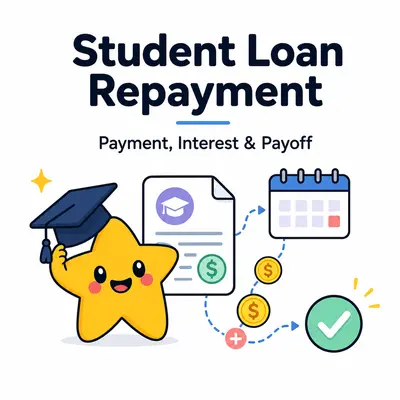 Student loan repayment calculator with a star mascot, graduation cap, loan document, payment calendar, and payoff check