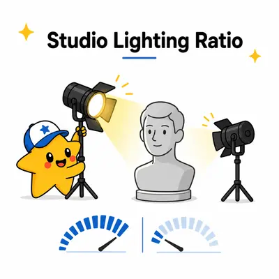Studio lighting ratio calculator with key and fill lights around a portrait subject
