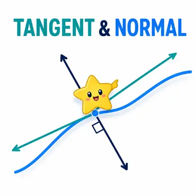 Yellow star mascot showing tangent and normal lines at a point on a curve