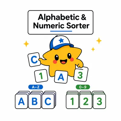Text Alphabetic numeric sorter arranging lines A to Z or 0 to 9 with ascending descending options