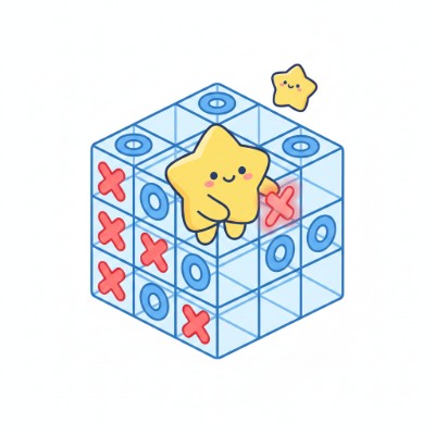3D Tic Tac Toe with three stacked 3×3 layers in blue outline