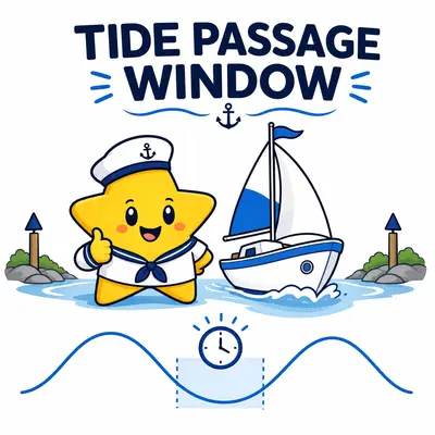 Yellow star sailor, sailboat, tide curve, and highlighted passage window