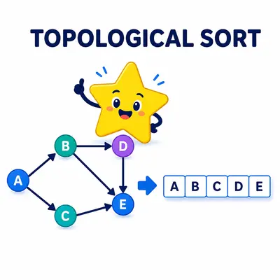Yellow star mascot arranging a directed acyclic graph into topological order