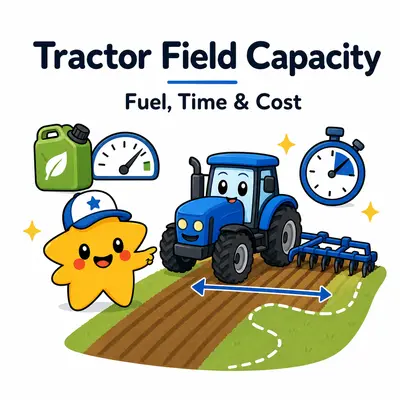 Tractor field capacity calculator with a star mascot, tractor, measured field swaths, fuel gauge, stopwatch, and width arrow