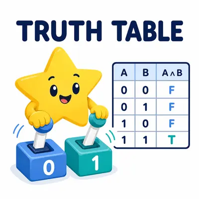 Yellow star mascot evaluating Boolean inputs in a truth table