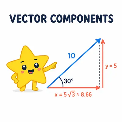 Yellow star mascot resolving a vector into horizontal and vertical components
