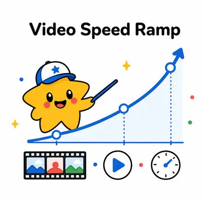 Yellow star filmmaker beside a speed-ramp timeline, film frames, and playback controls