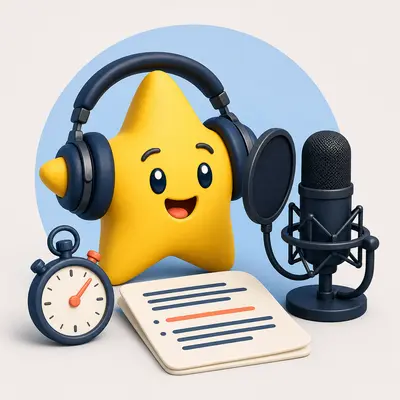 Voice-over length calculator with a microphone, script, stopwatch, and studio headphones