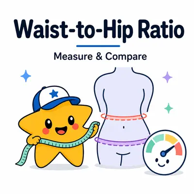 Waist-to-hip ratio calculator with a star mascot, measuring tape, torso guide, and ratio gauge