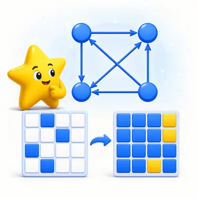 Yellow star mascot comparing a directed graph and two reachability matrices